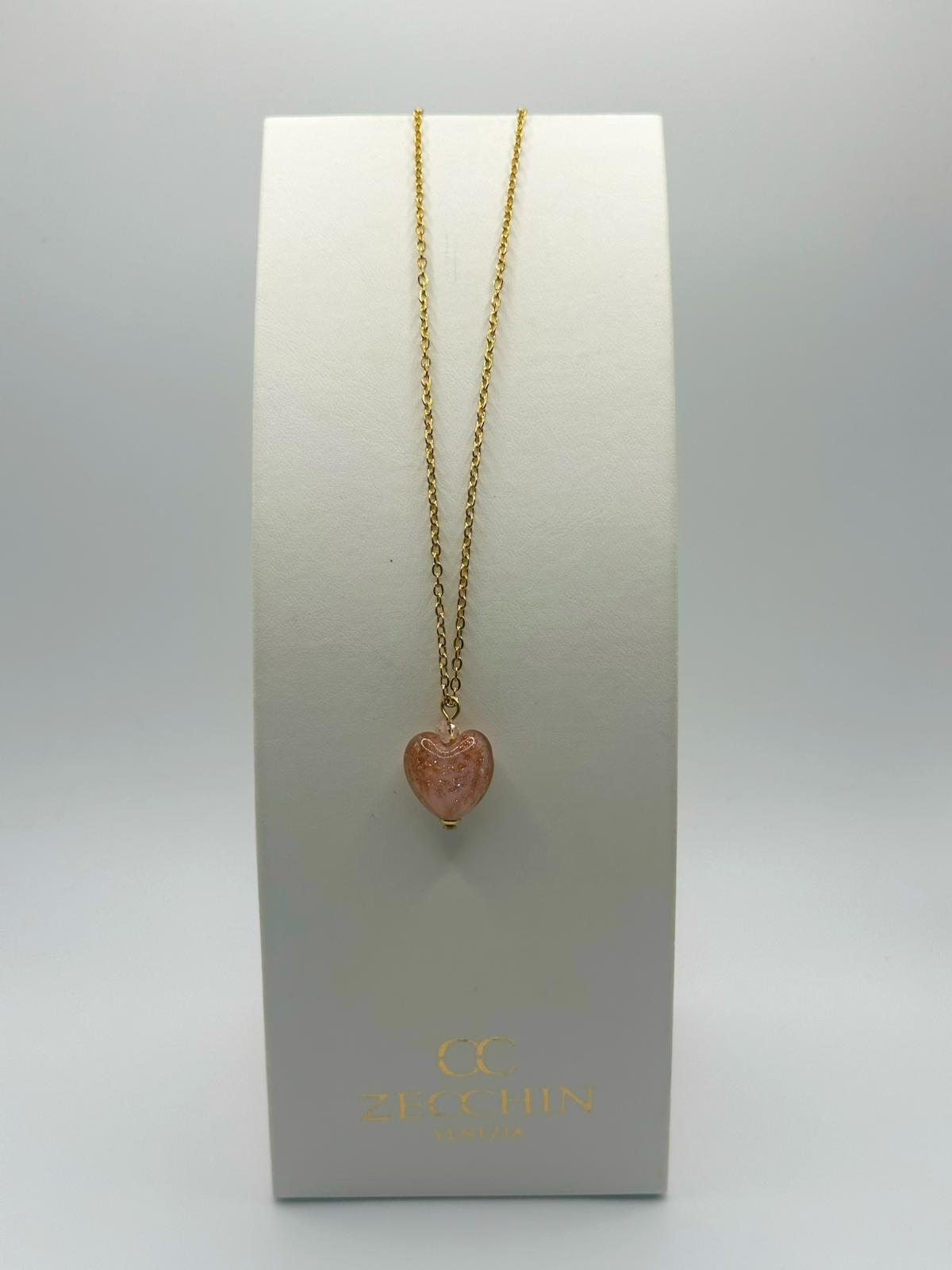 Collana con pendente a cuore in vetro di Murano e avventurina, colore rosa